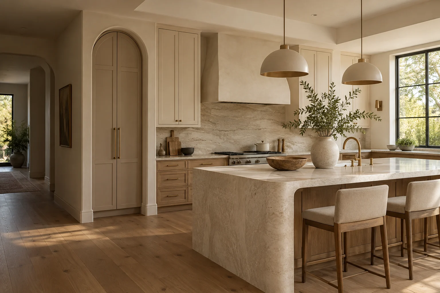 AI kitchen concept with ivory cabinetry, a sculpted stone island and warm oak details