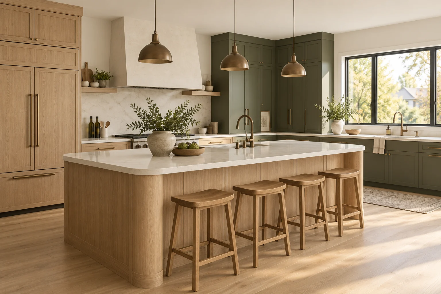 AI kitchen concept combining natural oak, olive cabinetry and a pale stone island