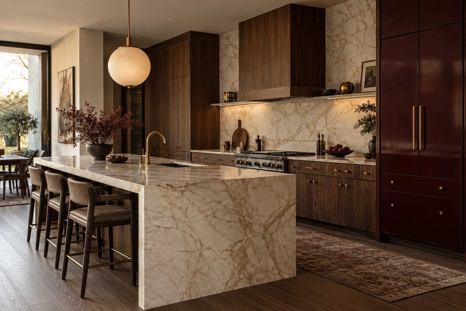 AI kitchen concept with rich walnut cabinetry, burgundy accents and veined cream stone